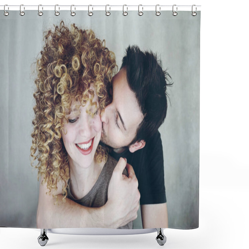 Personality  Portrait Of A Natural Caucasian Couple Of Young Woman With Curly Blonde Hair And Man. He Kisses Her And She Looks Happy And Smiles Shower Curtains