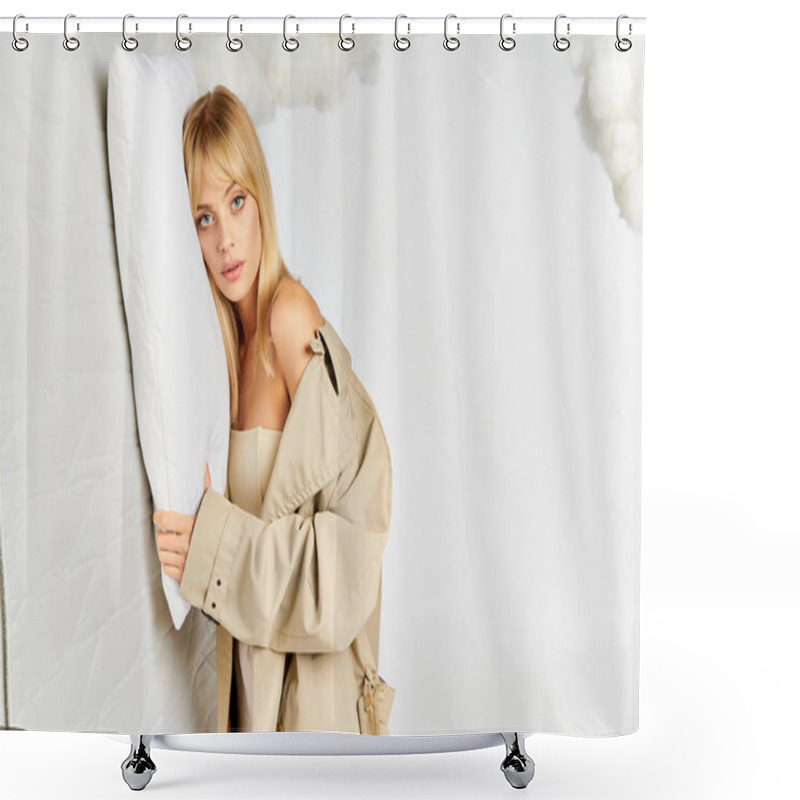 Personality  Stylish woman in trench coat holding pillow. shower curtains