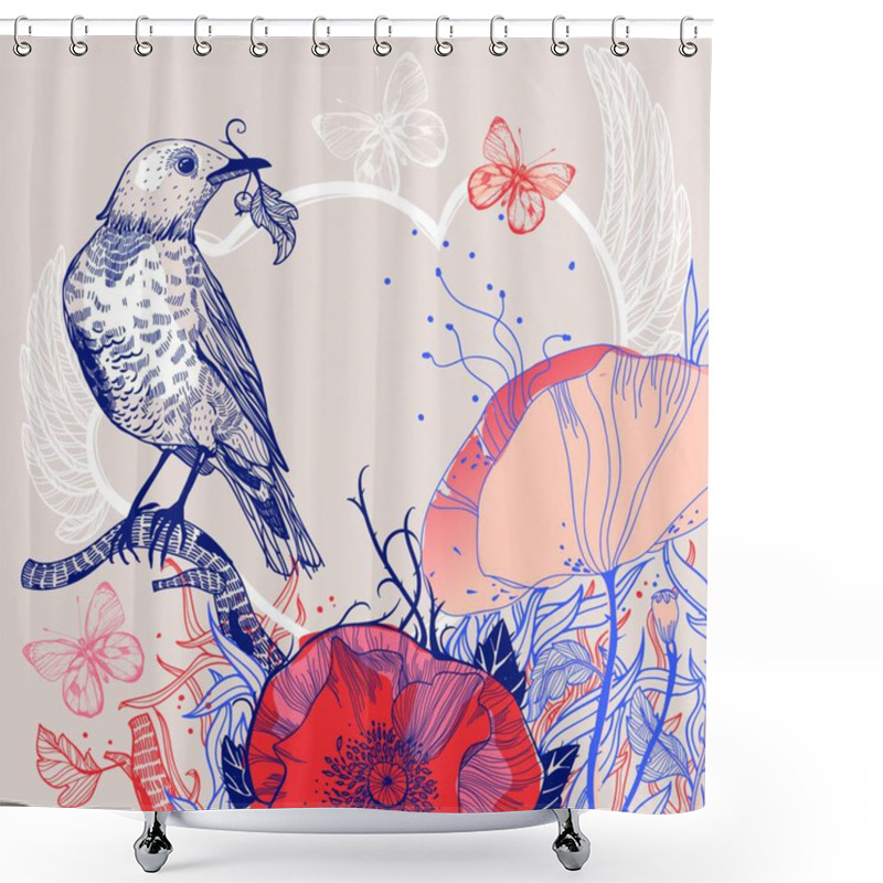 Personality  Vector Illustration Of A Bird And Blooming Poppies Shower Curtains