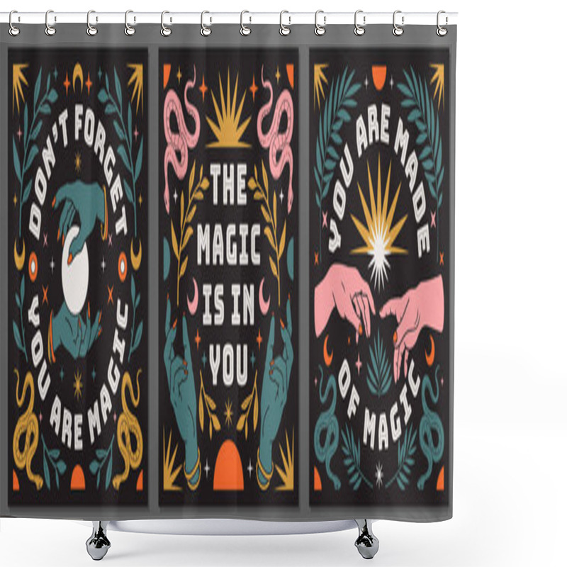 Personality  Boho Mystical Posters With Inspirational Quotes About Energy, Magic And Good Vibes In Trendy Bohemian Style. Shower Curtains