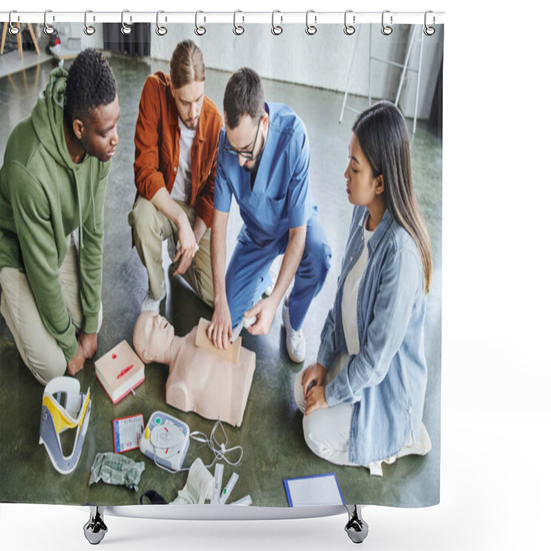 Personality  First Aid Seminar, High Angle View Of Paramedic Tamponing Wound On Simulator With Bandage Near Multiethnic Team And Medical Equipment, Life-saving Skills And Emergency Preparedness Concept Shower Curtains