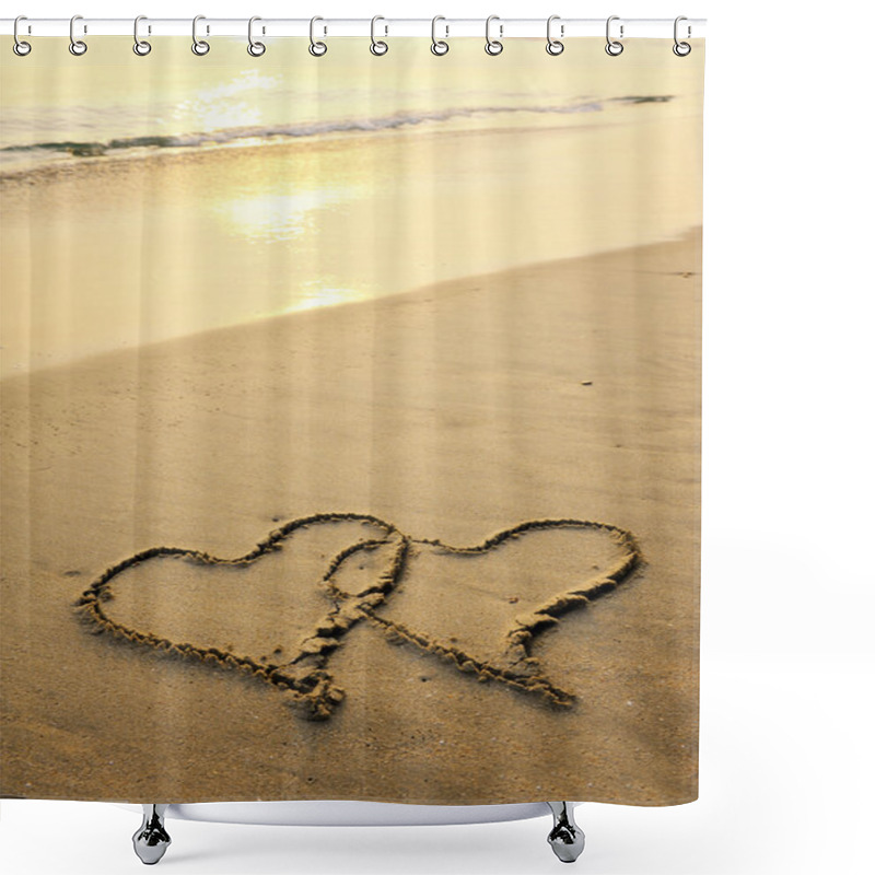 Personality  Two Hearts Drawn On The Sand Of A Beach Shower Curtains