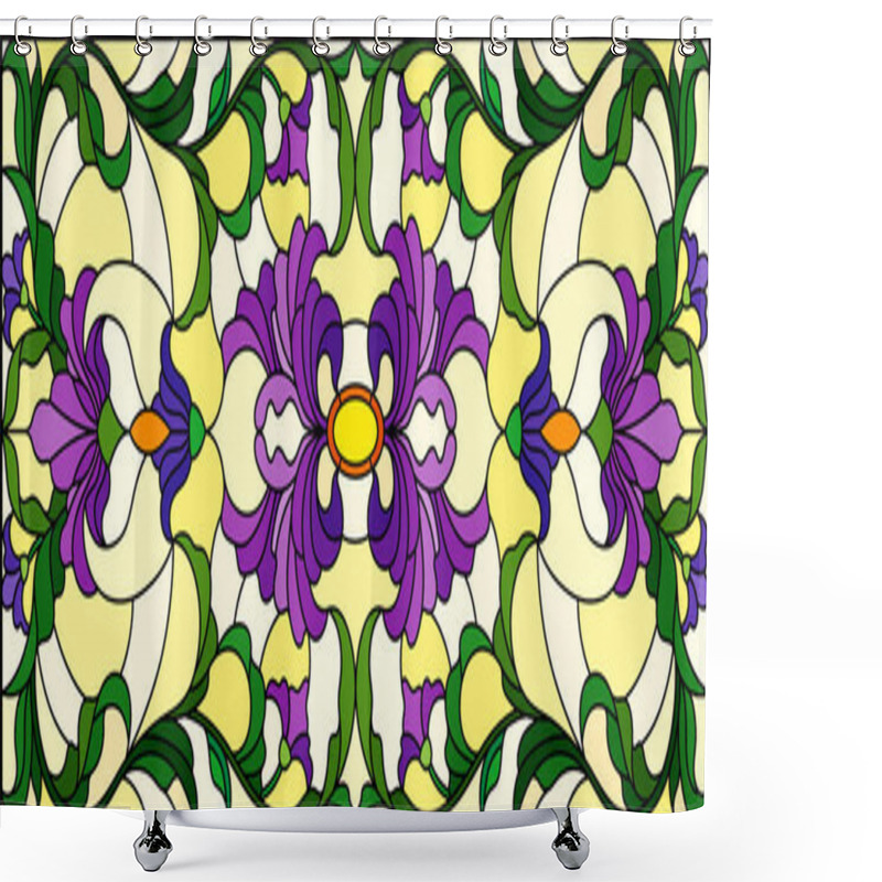 Personality  Illustration In Stained Glass Style With  Purple Flowers, Leaves And Buds  On A Yellow Background, Symmetrical Image, Horizontal Orientation Shower Curtains