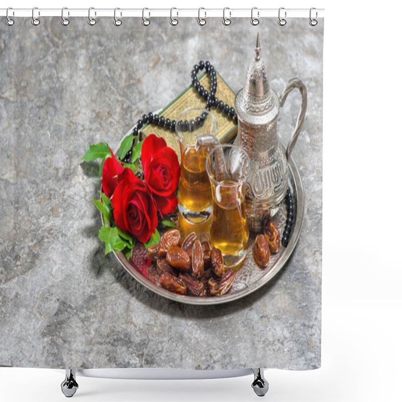 Personality  Tea, Dates Fruits, Red Rose Flower, Holy Book Quran And Rosary.  Shower Curtains