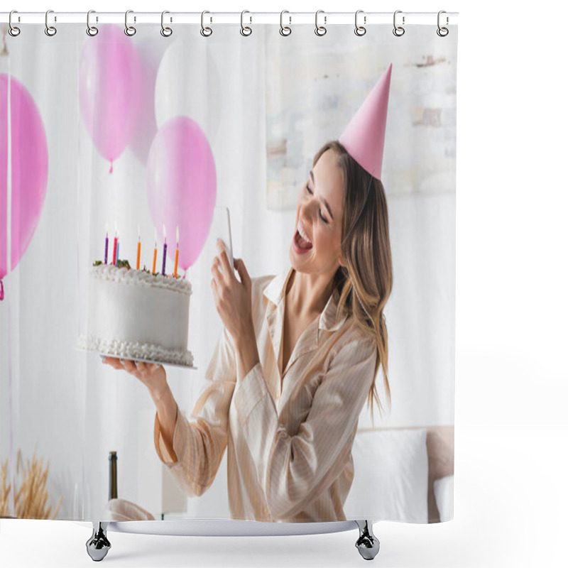 Personality  Cheerful Woman With Birthday Cake Taking Photo On Smartphone During Party At Home  Shower Curtains