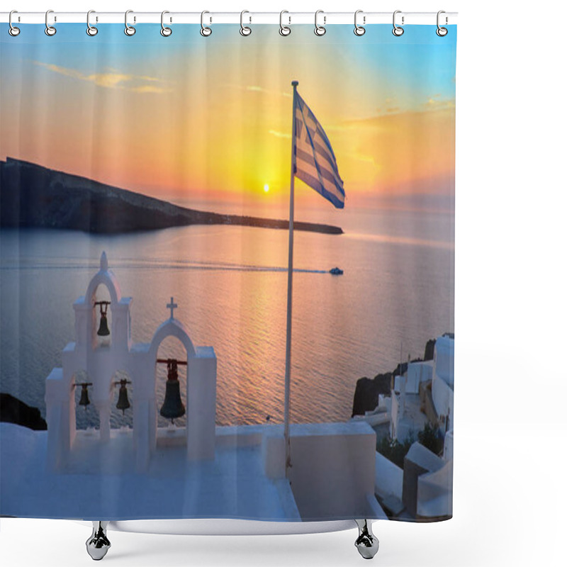 Personality  Greek Flag On A Local Chapel In Oia, Santorini Shower Curtains