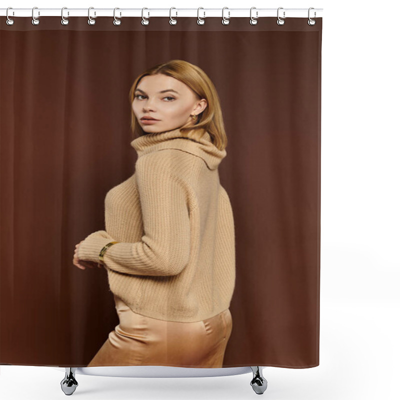 Personality  A Young Woman Shows Off Her Autumn Style In Warm Earth Tones Against A Cozy Backdrop. Shower Curtains