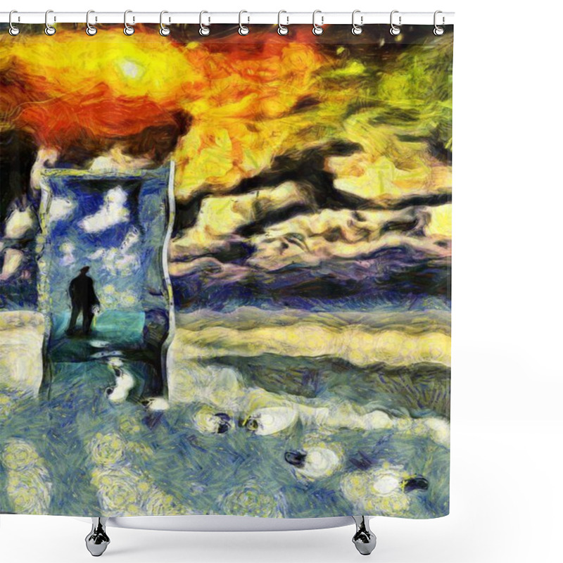 Personality  Surreal Painting. Man Stands In Doorway That Leads To Another World. Light Bulbs Represents Ideas. Shower Curtains