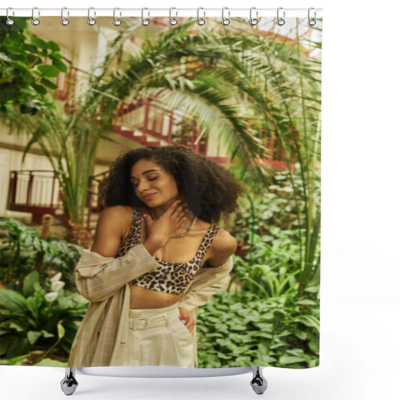 Personality  Pleased African American Woman With Curly Hair In Trendy Look Touching Neck In Tropical Setting Shower Curtains