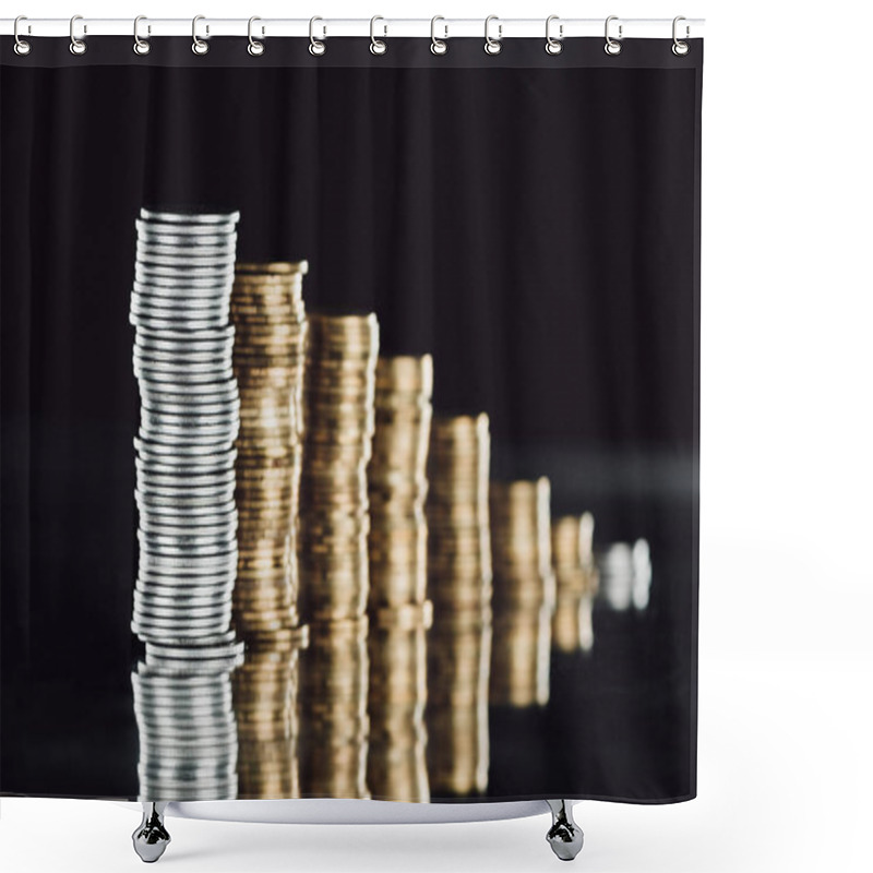 Personality  Selective Focus Of Stacked Silver And Golden Coins On Surface With Reflection Isolated On Black Shower Curtains