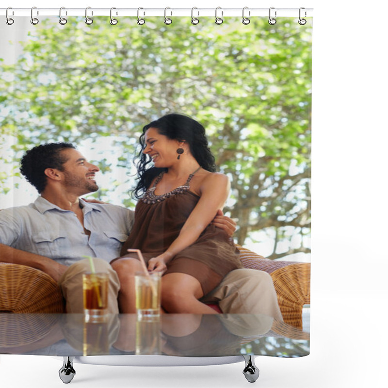 Personality  Happy Husband And Wife Doing Honeymoon In Resort Shower Curtains