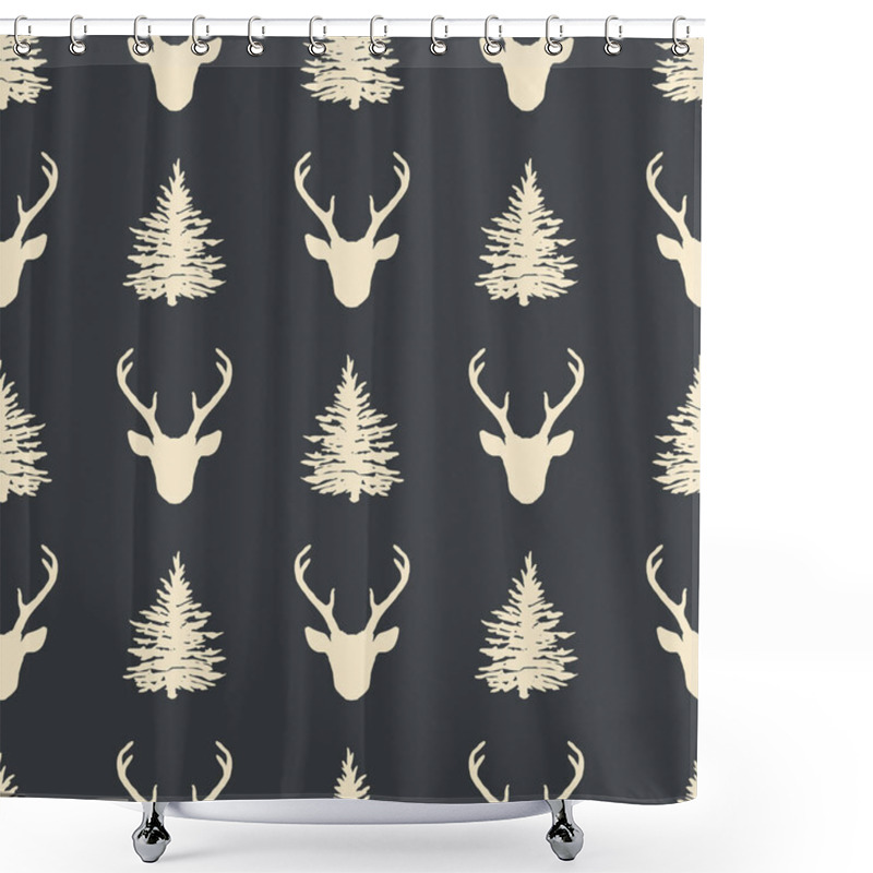 Personality  Seamless Pattern With Deer Head And Fir Tree Silhouettes. Vector Winter Holiday Christmas Background. Nature Wildlife Animal Backdrop.  Shower Curtains