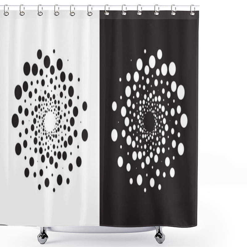 Personality  Abstract Dotted Spiral Geometric Shapes Collection. Black And White Halftone Optical Illusion, Aesthetic Op Art Design Element. Flat Vector Art Shower Curtains