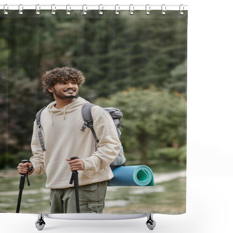 Personality  Positive Indian Tourist Holding Trekking Poles On Path In Forest, Travel And Adventure Concept Shower Curtains