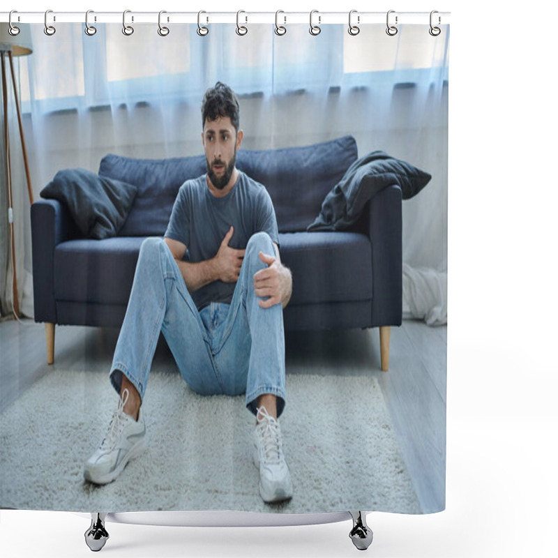 Personality  Bearded Suffering Man In Casual Home Wear Having Severe Panic Attack, Mental Health Awareness Shower Curtains