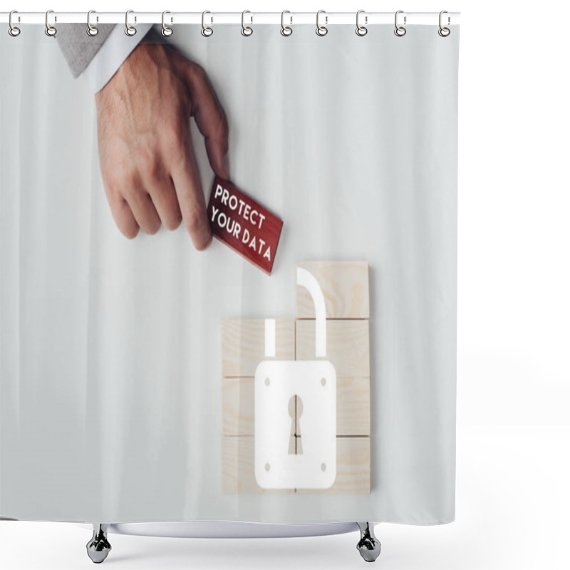 Personality  Partial View Of Man Holding Brick With 'protect Your Data' Lettering Over Wooden Blocks With Lock Icon Isolated On White Shower Curtains