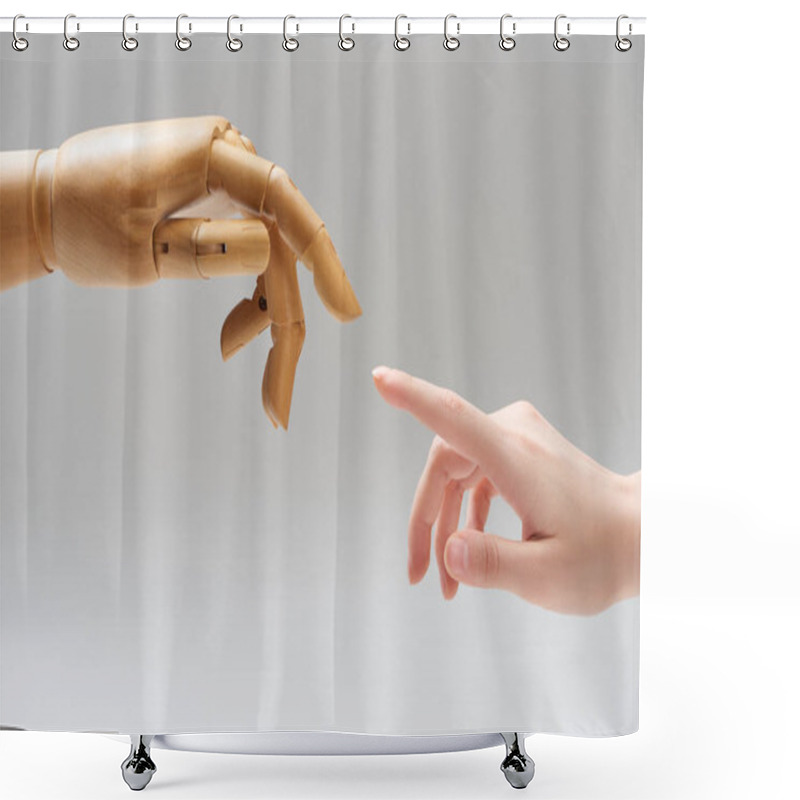 Personality  Cropped View Of Woman And Hand Of Wooden Doll Pulling Fingers To Each Other Isolated On Grey Shower Curtains