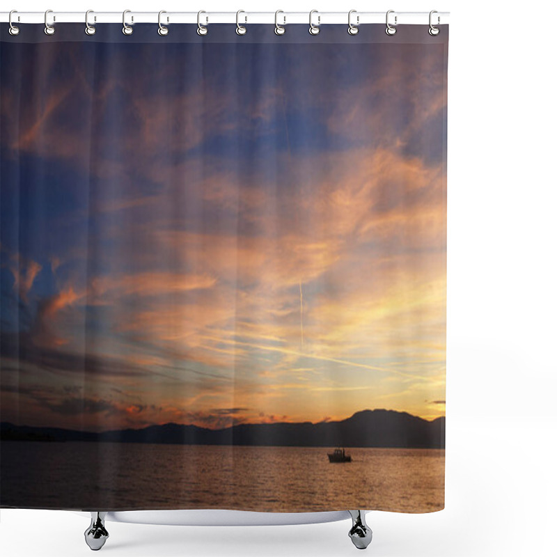 Personality  Silhouette Of Lonely Boat In The Sunset With Dramatic Sky. High  Shower Curtains