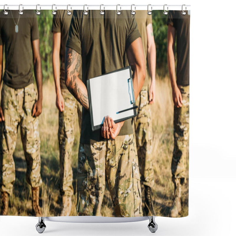 Personality  Partial View Of Tactical Instructor With Notepad And Multiracial Soldiers In Military Uniform On Range Shower Curtains