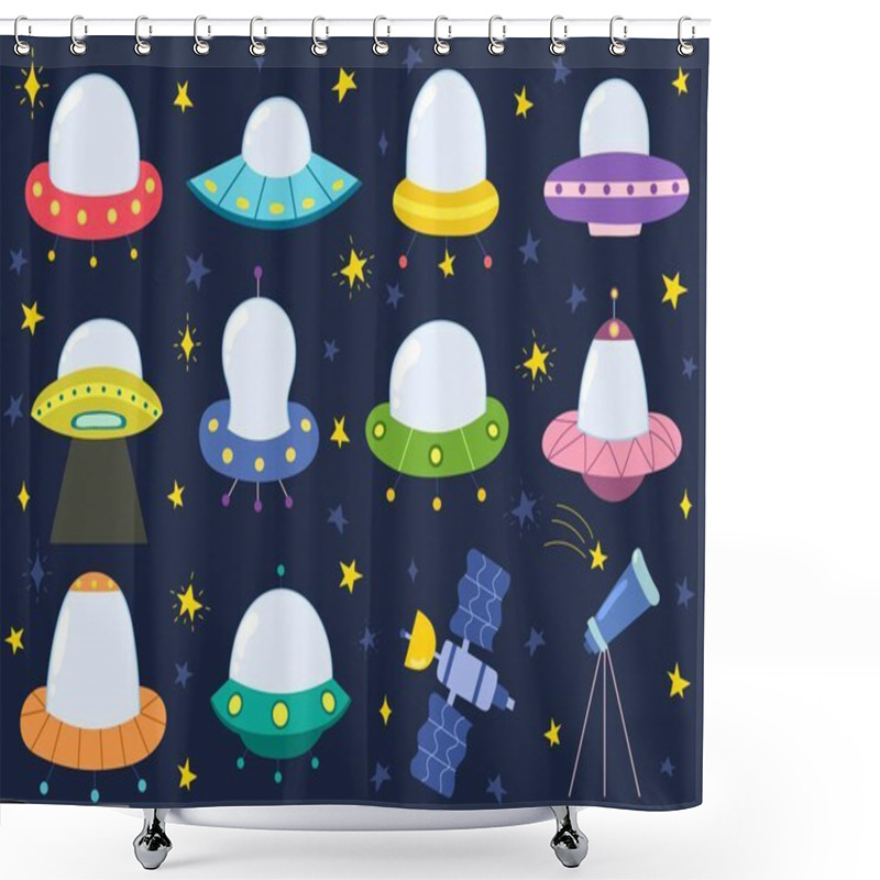 Personality  Alien Spaceships Collection. Ufo Ships Isolated Elements Set. Space Graphic For Prints, Stickers, And Posters. Vector Illustration  Shower Curtains