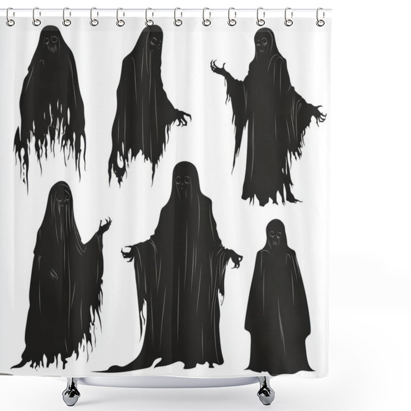 Personality  Collection Of Six Haunting Black Silhouettes Representing Ghostly Figures, Embodying Eerie And Supernatural Themes. Shower Curtains