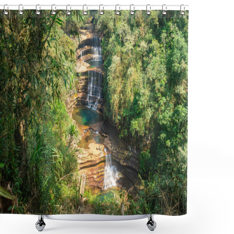 Personality  Natural Waterfall Layered Falling From Mountain Top In Deep Green Forests At Morning From Top Angle Image Is Taken At Wei Sawdong Falls Cherrapunji Sohra District Meghalaya India. Shower Curtains