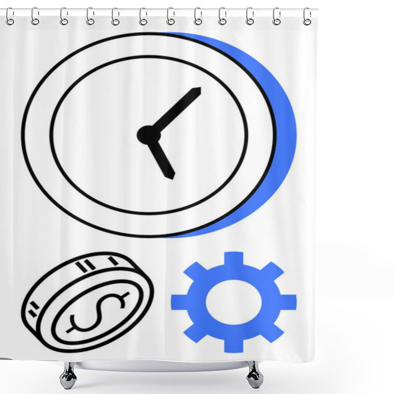 Personality  Clock With Black Hands, Dollar Coin, And Gear Icon. Ideal For Business Strategy, Time Management, Productivity, Finance, Operations Planning And Efficiency Topics. Line Metaphor Shower Curtains