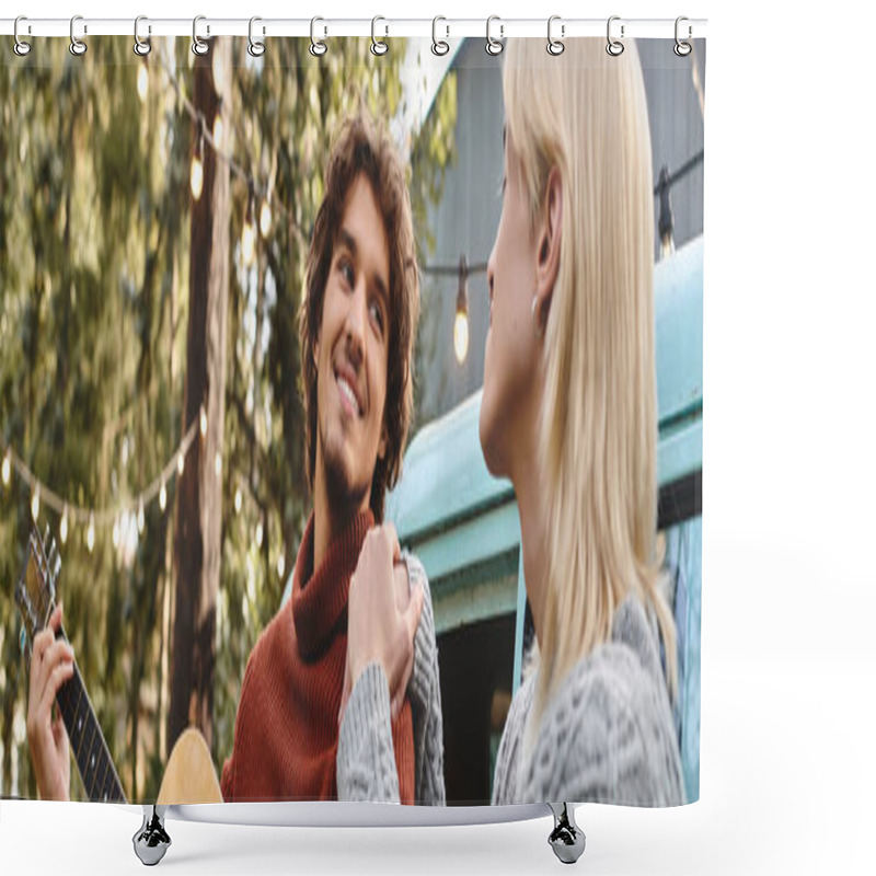 Personality  A Young Couple Enjoys A Cozy Evening In A Forest, Sharing Smiles And Laughter While Playing Guitar. Soft Lights Twinkle Around Them, Creating An Intimate Atmosphere Filled With Warmth And Joy. Shower Curtains