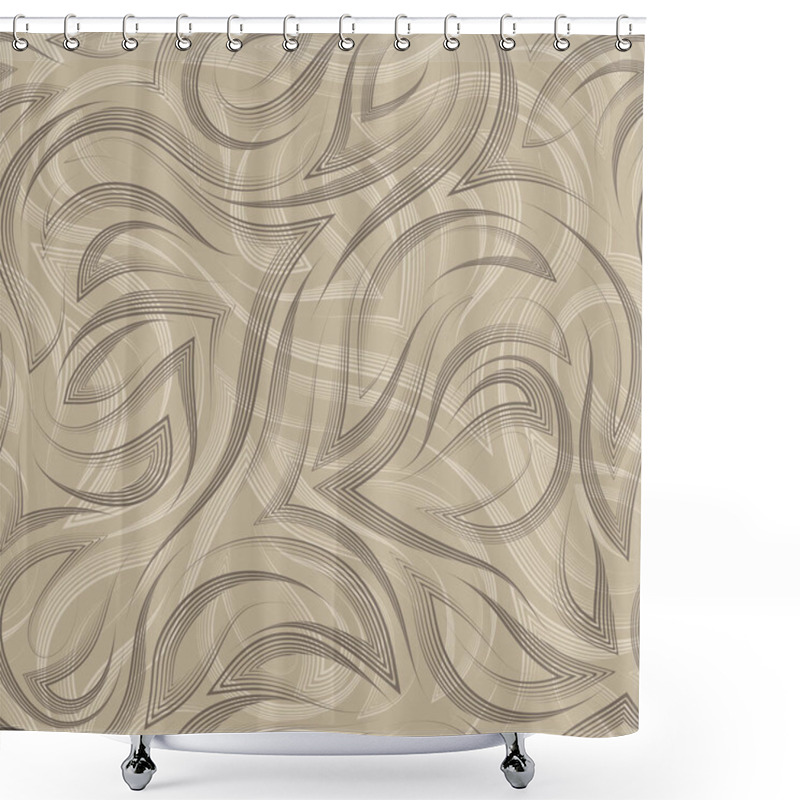 Personality  Brown Smooth Lines And Corners Vector Geometric Seamless Pattern On Beige Background. Graceful Flowing Pattern And Stripes Shower Curtains