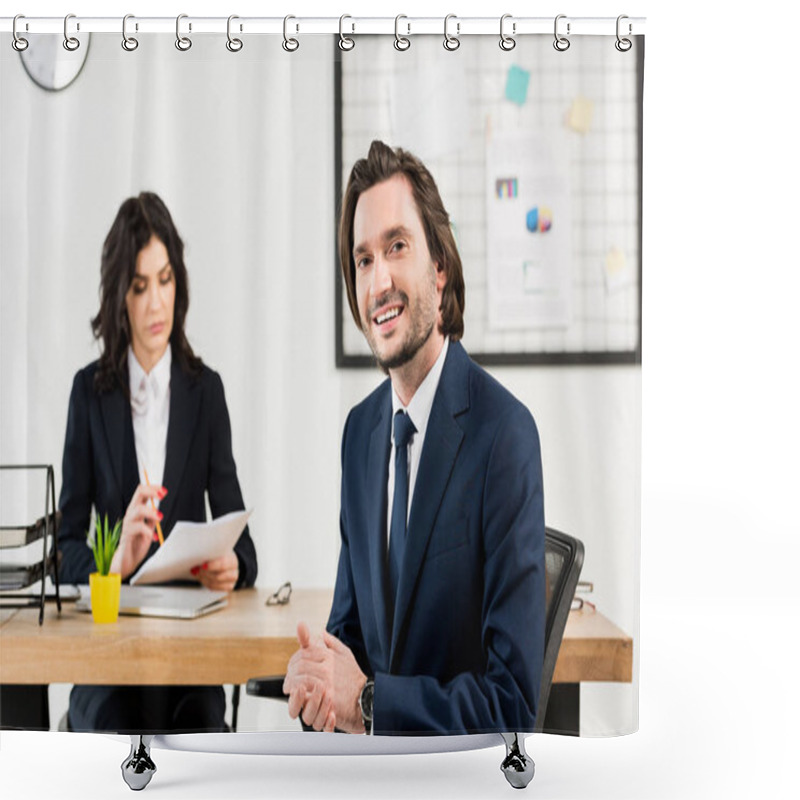 Personality  Selective Focus Of Cheerful Man Looking At Camera Near Attractive Recruiter  Shower Curtains