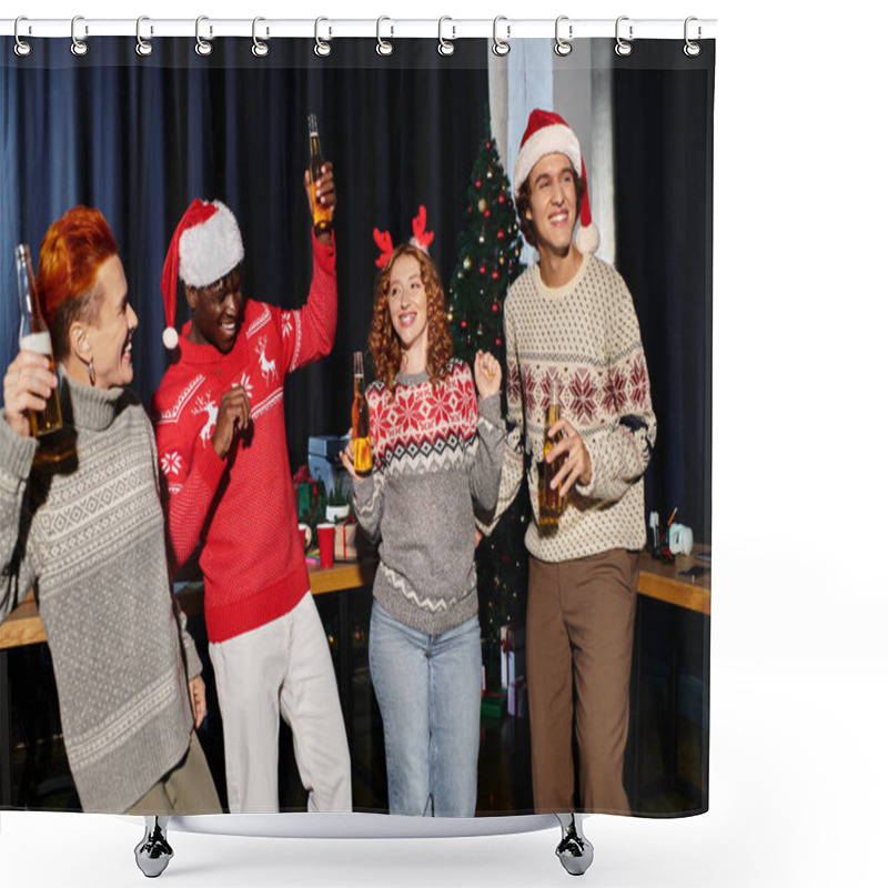 Personality  A Group Of Young Coworkers Enjoys A Cheerful Christmas Celebration In The Office. Shower Curtains