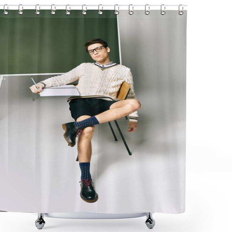 Personality  A Man In Uniform Sitting Before A Green Board In A College Classroom. Shower Curtains