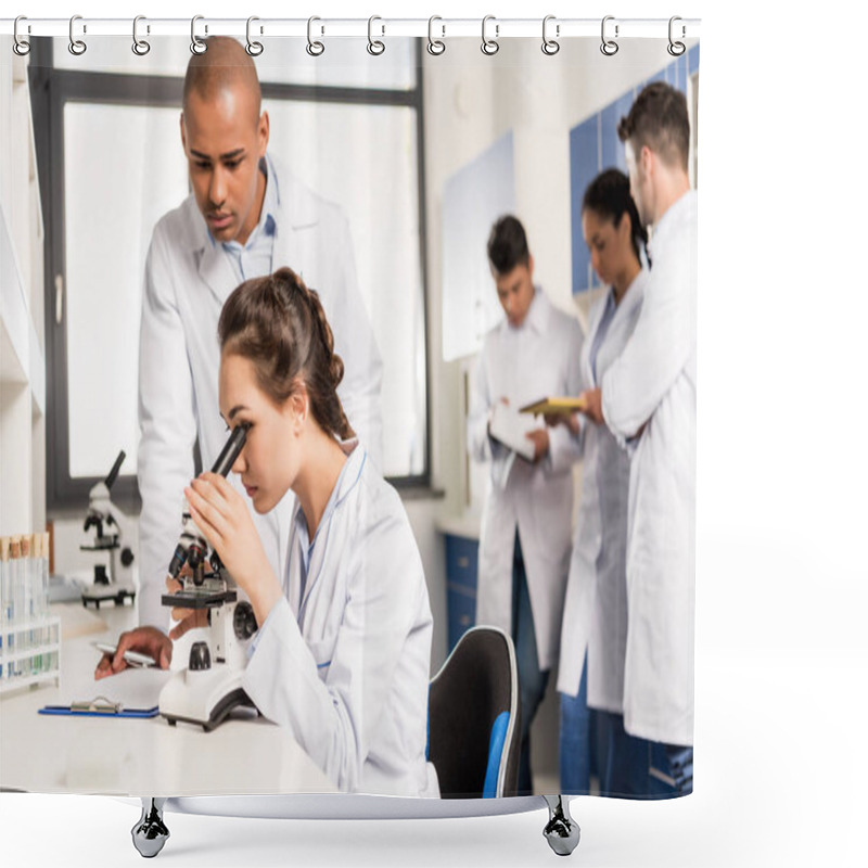 Personality  Female Scientist At Laboratory Shower Curtains