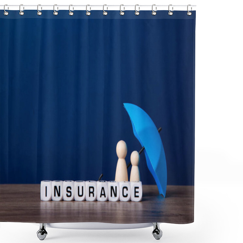 Personality  Blue Toy Umbrella And Wooden Doll Figures. Insurance Coverage Concept. Shower Curtains