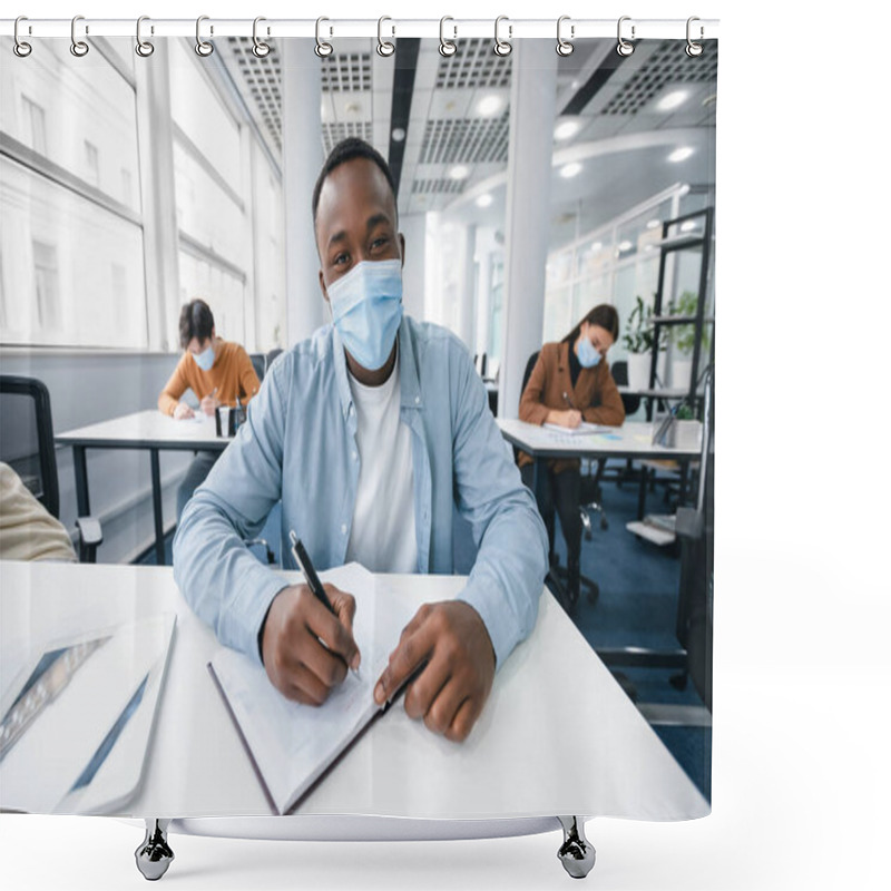 Personality  Black Male Student In Mask Sitting At Desk In Class Shower Curtains