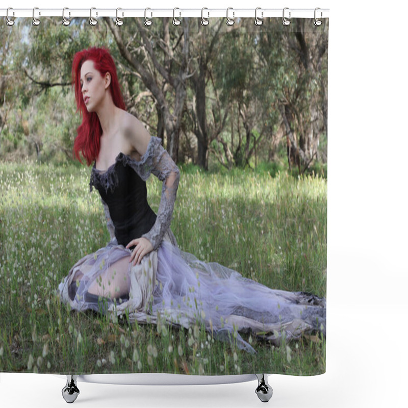 Personality  Full Length Portrait Of Beautiful Red Haired Female Model Figure, Wearing Gothic Fantasy Costume With Torn Ballgown Wedding Dress, Black Corset. Sitting Pose In  Dreamy Flower Field Forest Scenery Background. Shower Curtains