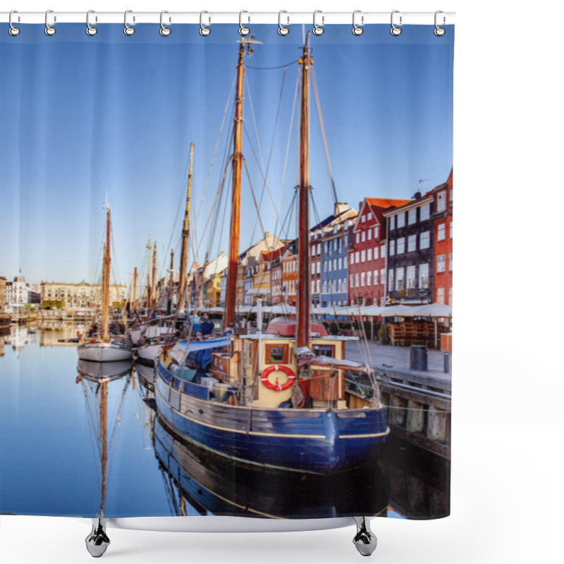 Personality  COPENHAGEN, DENMARK - MAY 6, 2018: Moored Boats At Harbor Near Buildings In Copenhagen, Denmark Shower Curtains