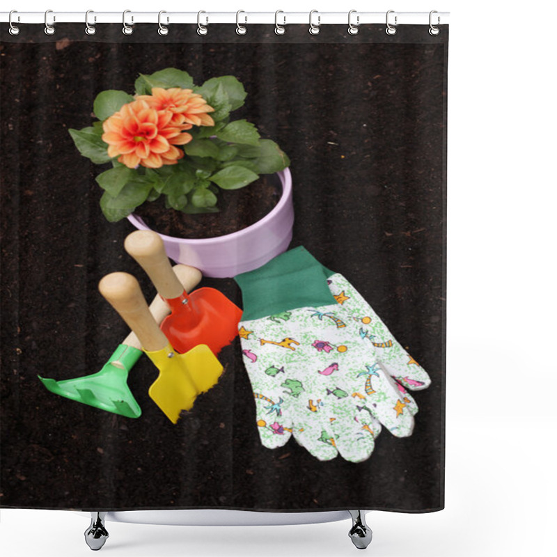 Personality  Dahlia And Gardening Tools Shower Curtains