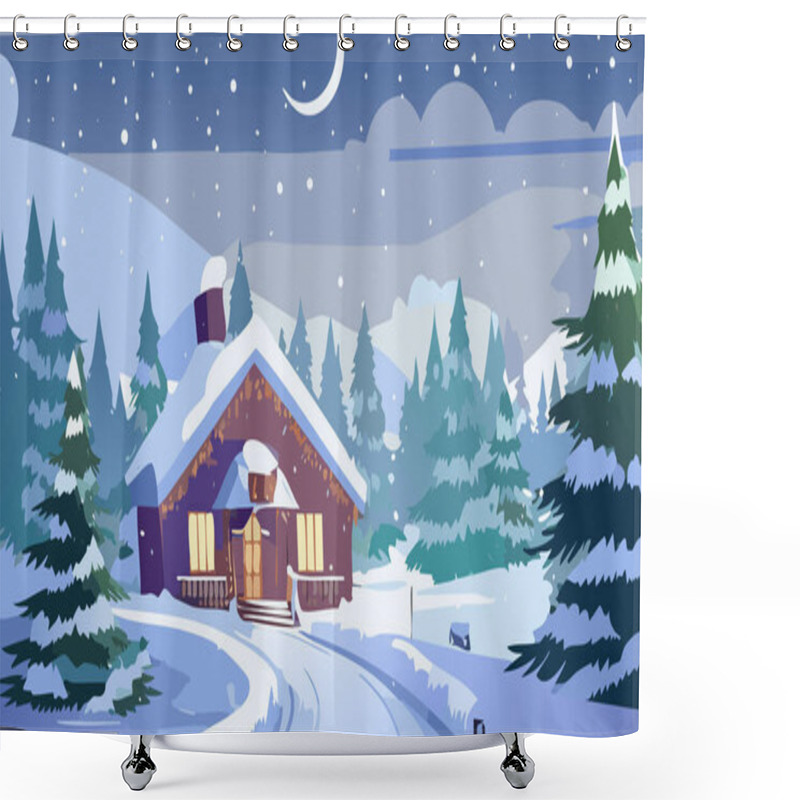 Personality  Winter Landscape With Snow House. Vector Illustration In Flat Style. Shower Curtains