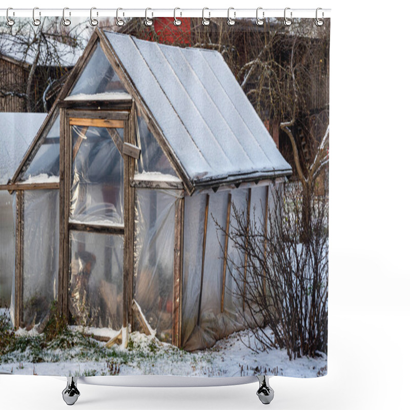 Personality  Landscape With A Simple Wooden Greenhouse, Beautiful Light On A Winter Day, Film Greenhouse In Winter Shower Curtains