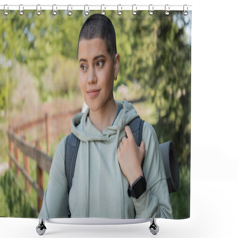 Personality  Portrait Of Young Short Haired And Tattooed Female Traveler With Fitness Tracker And Backpack Looking Away While Standing With Blurred Landscape At Background, Trekking Through Rugged Terrain Shower Curtains