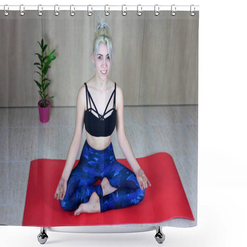 Personality  Young Woman Practicing Lotus Asana In Yoga Studio. Padmasana Pose Shower Curtains