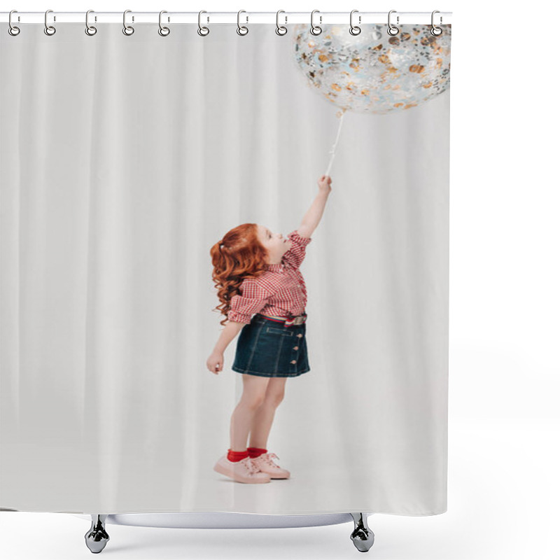 Personality  Adorable Redhead Child Holding Big Round Shiny Balloon Isolated On Grey Shower Curtains