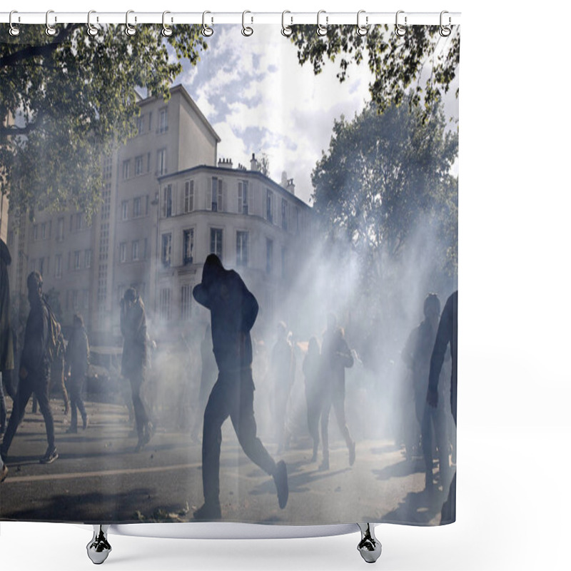 Personality  Demonstrators Clashed With Riot Police During A Demonstration Of The Unions Members And The 'Gilets Jaunes'  Movement Marking Labor Day In Paris, France On May 1st, 2017 Shower Curtains