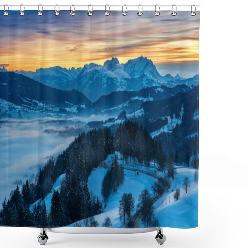 Personality  Awesome Winter Landscape At Sunset With  View From The Allgau Alpsin Germany Over The Bregenzer Wald In Austria To Mount Saentis In Switzerland Shower Curtains