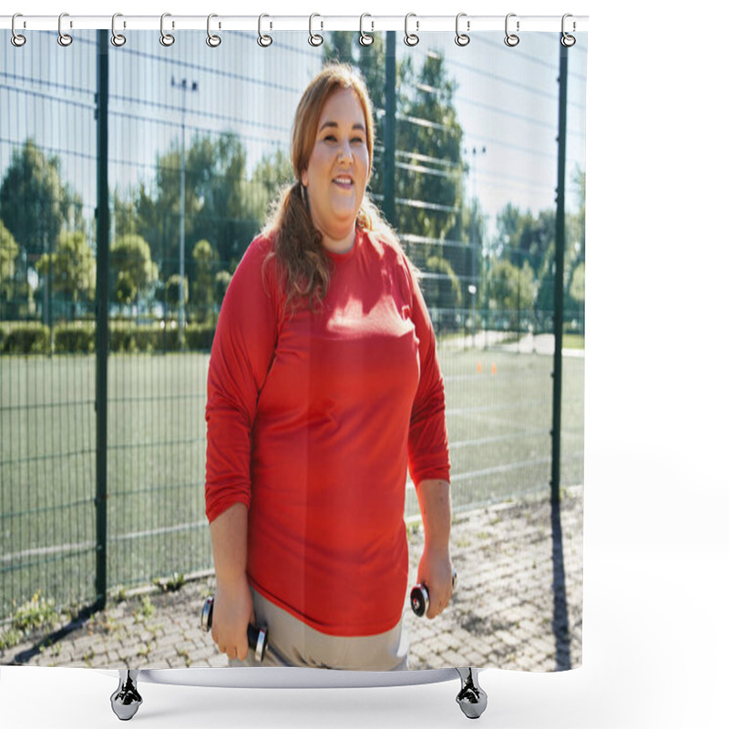 Personality  A Beautiful Plus Size Woman Exercises With Determination In A Lively Park. Shower Curtains