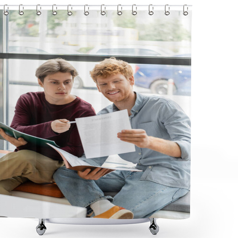 Personality  Two Men Engage In Focused Study On A Windowsill. Shower Curtains