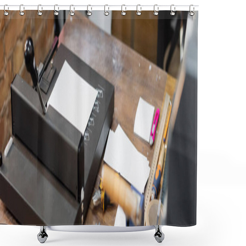 Personality  High Angle View Of Paper On Top Of Paper Trimmer Machine In Modern Print Center, Banner  Shower Curtains