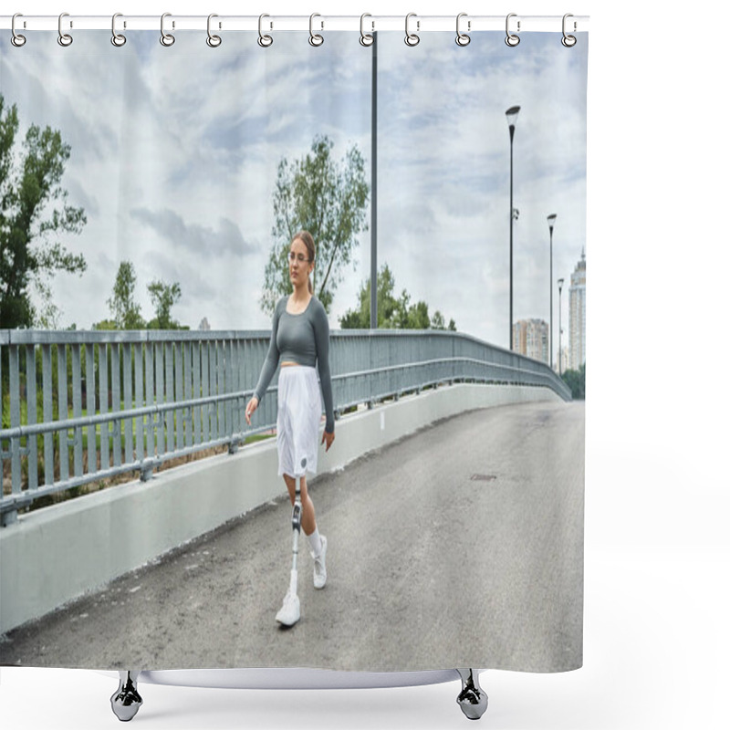 Personality  A Young Woman In Sportswear Confidently Walks Along A Bridge, Embracing Her Active Lifestyle Outdoors. Shower Curtains