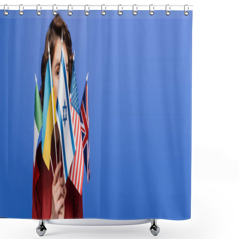 Personality  Young Woman Obscuring Face With Different Flags And Looking At Camera Isolated On Blue, Banner Shower Curtains